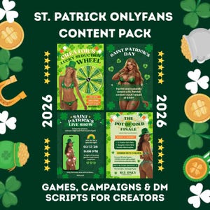 Puede incluir: Gráfico promocional para un paquete de contenido de OnlyFans del Día de San Patricio. El diseño presenta cuatro paneles con imágenes de mujeres en bikinis verdes, texto y monedas de oro. El texto incluye "Creator's Lucky Seduction Wheel", "Saint Patrick's Day", "Saint Patrick's Live Show" y "The Pot of Gold Finale".