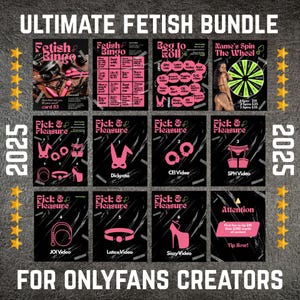 Puede incluir: Un gráfico de Ultimate Fetish Bundle con varias tarjetas con texto e ilustraciones rosas. Las tarjetas incluyen "Fetish Bingo", "Beg to Roll" y "Name's Spin The Wheel". El texto en la parte inferior dice "FOR ONLYFANS CREATORS".