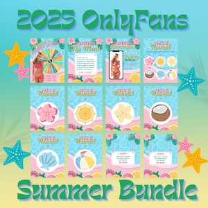May include: A promotional graphic with the text "2025 OnlyFans" and "Summer Bundle." The design features various cards with summer-themed graphics, including a spinning wheel, a phone screen, and "Pick & Reveal" cards with flowers, umbrellas, and coconuts. Starfish and tropical elements are included.