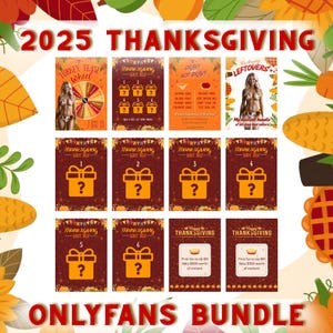Puede incluir: Un gráfico promocional para un paquete temático de Acción de Gracias, con múltiples tarjetas con texto e imágenes. El texto incluye "2025 Thanksgiving" y "OnlyFans Bundle". Las tarjetas tienen gráficos de cajas de regalo y una "Turkey Tease Wheel".