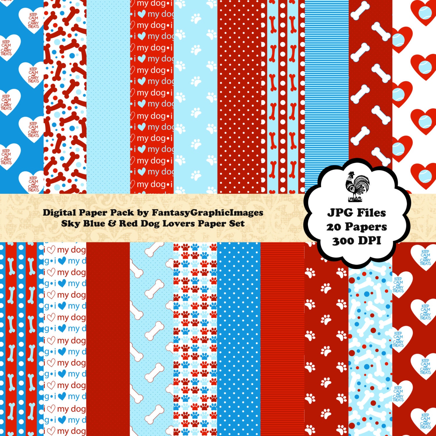 Puppy Dog Digital Paper Pack Sky Blue Red Dog Lovers Series 20 Papers ...
