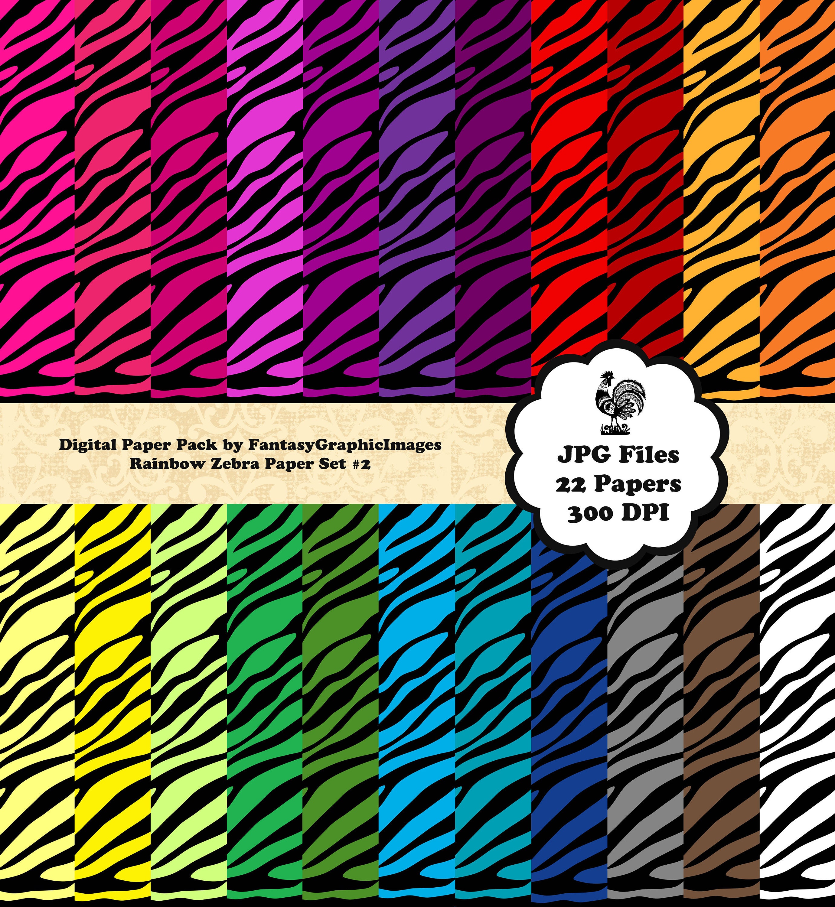 Zebra Scrapbook Paper CU Digital Pack 22 Animal Skin Rainbow Etsy