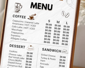 Luxury Cafe Menu, Coffee Shop Menu, Cafe Menu Flyer, Editable Menu, Coffee Price List Template, Cafe A4, 5x7in Menu Canva Template