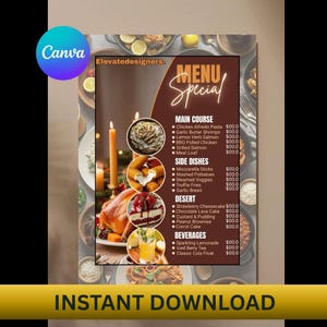 Restaurant Dinner Menu | Special Flyer For Food Truck | Wedding Bar Menu Template | Editable 5x7 size