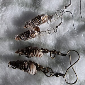 May include: Two pairs of handcrafted earrings featuring natural seashells wrapped in silver and bronze wire. The shells display a pattern of brown and white stripes and spots. One pair has silver ear wires, and the other has bronze ear wires.