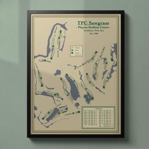Può includere: Mappa incorniciata del Players Stadium Course del TPC Sawgrass, progettato da Pete Dye, fondato nel 1980. La mappa presenta uno sfondo beige con dettagli verdi e blu, tra cui bunker, acqua, green e percorsi dei buchi.