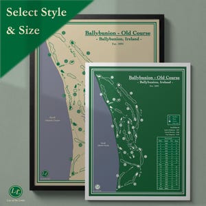 Può includere: Due mappe incorniciate di campi da golf. Una mappa è incorniciata in nero, l'altra senza cornice. Entrambe le mappe mostrano il Ballybunion Old Course in Irlanda. Le mappe mostrano il layout del campo, con il testo "Ballybunion - Old Course" e "Est. 1895".
