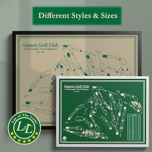 May include: Two framed golf course maps of Ganton Golf Club in Scarborough, United Kingdom, established in 1891. One map features a beige background with green lines, while the other has a green background with white lines and a scorecard table.