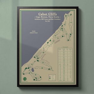 Impression artistique de la carte du parcours de Cabot Cliffs : art de style plan de golf minimaliste vintage