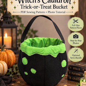 May include: A black fabric trick-or-treat bucket with a bright green scalloped rim and green circular patches. The bucket features a black handle and text that reads Witch's Cauldron Trick-or-Treat Bucket, PDF Sewing Pattern + Photo Tutorial, and Jamie's Threaded Tales.