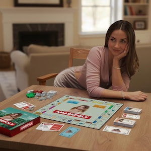 May include: A board game set on a wooden table. The game box and board are visible, with the game's title "ANADEPOLY" prominently displayed. Game pieces, dice, and play money are scattered around the board. A person is leaning on the table.