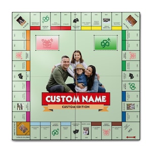 May include: A custom Monopoly board featuring a family photo in the center, with the text "CUSTOM NAME" and "CUSTOM EDITION". The board game has green, white, and yellow spaces with various property names and images.