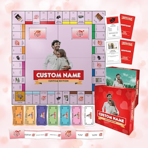 May include: A custom edition board game with a pink and white theme. The game board features a couple embracing, with the text "CUSTOM NAME" and "CUSTOM EDITION". Includes cards, money, and a box with the same design.