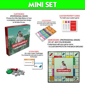 May include: A custom board game set titled Custompoly Mini Edition, featuring a game box, a 12x12 inch game board, custom paper money, property cards, action cards, and small game tokens. The components display custom photos and text.