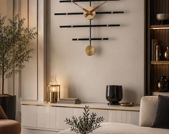 Modern Geometric Wall Clock with Pendulum|Large Metal Wall Clock|Silent Quartz Clock|Luxury Black Gold Wall Decor|Minimalist Home Clock