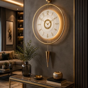 Pode incluir: Um relógio de parede circular com mostrador branco, numerais dourados e um anel central dourado. O relógio é envolvido por uma fina moldura dourada com retroiluminação integrada e um pêndulo dourado longo e pontiagudo pendurado abaixo.