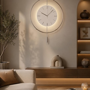 Moderne Luxus-Wanduhr mit stimmungsvoller LED-Beleuchtung, geräuschloses Quarz-Uhrwerk, große minimalistische Metall-Wanduhr, zeitgenössische Wohndekoration