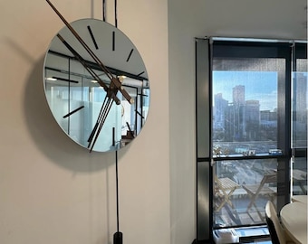 Mirror Wall Clock with Pendulum – Modern Minimalist Design | Silent Quartz Movement | Black Hands & Sculptural Black Frame | Luxury Home