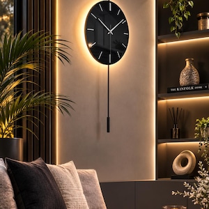 Reloj de pared LED moderno con péndulo, reloj de pared de cristal de lujo, reloj de cuarzo silencioso, decoración de pared minimalista negra, sala de estar contemporánea