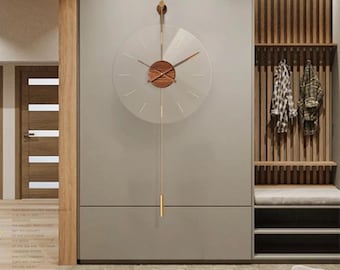 Minimalist Transparent Wall Clock – Gold Accents & Wood Center | Silent Quartz Movement | Hanging Detail | Modern Decorative Timepiece