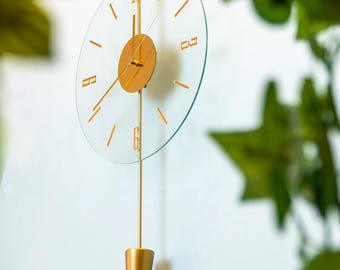 Minimalist Gold Wall Clock: Transparent Dial, Silent Pendulum - 40x100cm