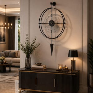 Modern Black Pendulum Wall Clock,Large Silent Quartz Wall Clock,Luxury Metal & Tempered Glass Wall Decor,Minimalist Living Room Clock