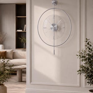 Modern Silver Wall Clock with Glass Face, Luxury Minimalist Pendulum Clock, Silent Quartz Wall Clock, Contemporary Home Decor, Large Living