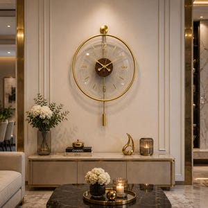 Può includere: Un orologio da parete circolare con una sottile cornice dorata, un quadrante trasparente e un centro in legno marrone scuro. L'orologio presenta lancette dorate, numeri dorati alle posizioni dodici e sei e un pendolo dorato sospeso.