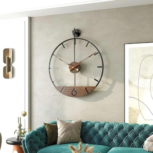 Modern Wood Wall Clock: Black Metal Frame, Silent Quartz Movement
