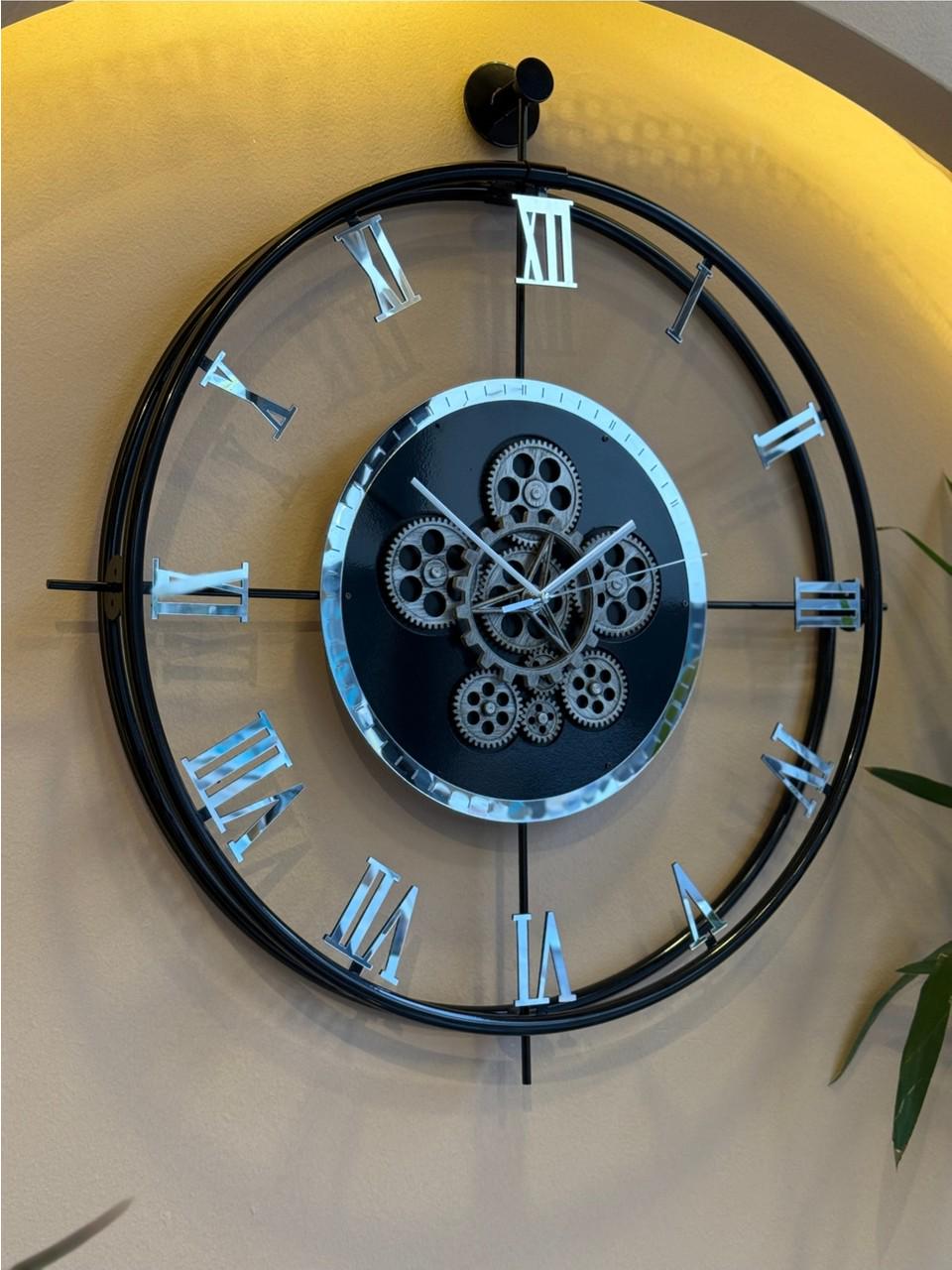 Black-gold-silver-ecru Large Industrial Wall Clock With Moving Gears ...