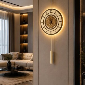 May include: A circular wall clock with a dark frame and a light-coloured face featuring black numerals. The clock has a central geometric grid pattern, thin black hands, and a vertical pendulum design with a top circular mount and bottom weight.