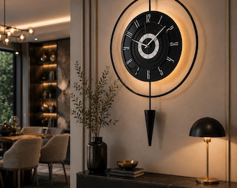 Modern LED Wall Clock with Pendulum, Large Luxury Silent Wall Clock, Minimalist Metal Clock, Contemporary Home Decor, Living Room Clock