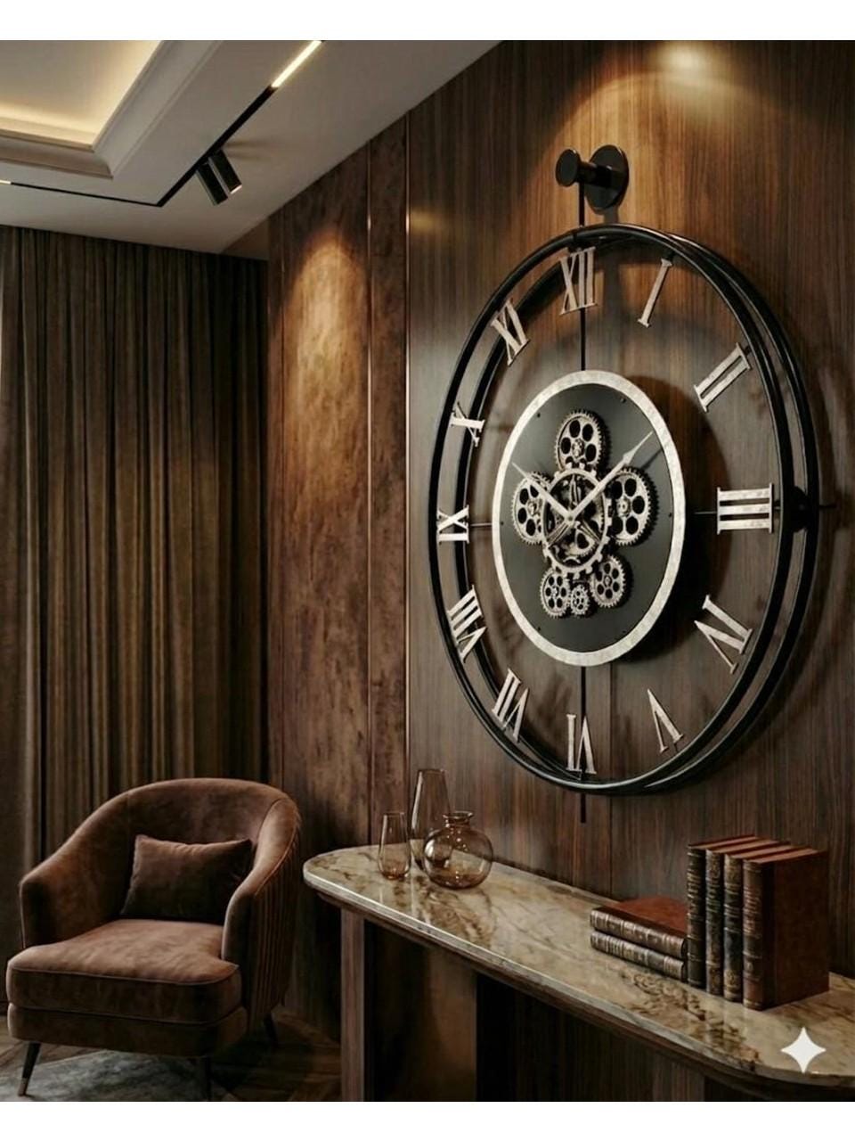 Black-gold-silver-ecru Large Industrial Wall Clock With Moving Gears ...