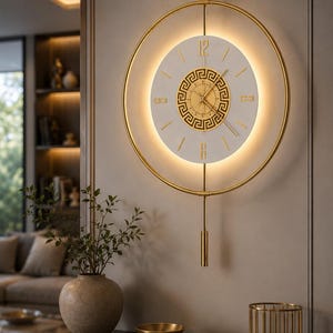 Puede incluir: Un reloj de pared circular con marco de metal dorado, esfera blanca con marcadores de hora dorados y un dial central dorado con patrón de greca. El reloj incluye una varilla vertical dorada, un péndulo colgante y retroiluminación integrada.