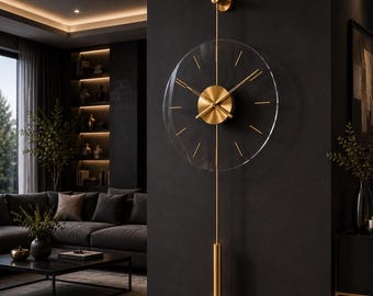 Modern Pendulum Wall Clock, Black Gold Silver, Premium Metal, 33 x 80 cm