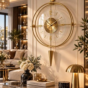 May include: A circular wall clock featuring a gold metal frame with double rings, a clear glass face, and a central gold dial with a Greek key pattern. The clock includes gold hands, gold hour markers, and a gold conical pendulum hanging below.