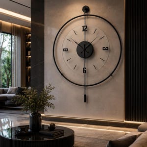 May include: A large, circular wall clock featuring a thin black metal frame and a transparent centre. It has black hands, a central black circular housing, and black numerals at the 12 and 6 positions, with a vertical rod extending to a pendulum.