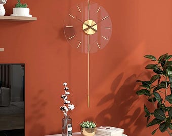 Minimalist Transparent Wall Clock – Gold Accents | Silent Quartz Movement | Hanging Detail | Modern Decorative Timepiece