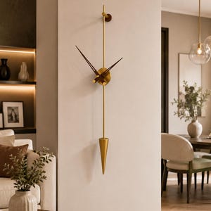 Minimalist Gold Wall Clock, Modern Pendulum Wall Clock, Luxury Scandinavian Wall Decor, Silent Quartz Clock, Contemporary Metal Wall Clock