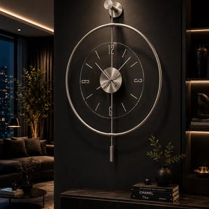 May include: A large circular wall clock with a brushed silver metal frame and a transparent glass face. The clock features thin silver hour markers, numerals at 12, 3, 6, and 9, a central silver dial, and a vertical pendulum rod with a weight.
