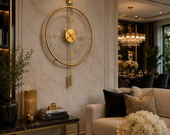 Modern Gold & Black Wall Clock with Pendulum, Luxury Silent Wall Clock, Minimalist Metal Wall Decor, Large Contemporary Clock, Living Room