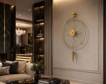 Large Modern Gold Wall Clock 50x90 cm | Luxury Minimalist Wall Clock | Silent Quartz Metal Clock with Glass Surface | Contemporary Living