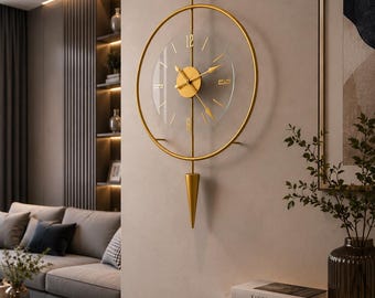 Luxury Gold Wall Clock with Glass Face, Modern Pendulum Wall Clock, Silent Quartz Wall Clock, Scandinavian Wall Decor, Contemporary Home De