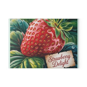 Glass Cutting Board - Strawberry Delight Kitchen Decor, Red and Green 3D Design, Hard Surface for Cutting Fruits and Vegetables, Gift for