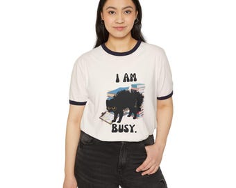 Overworked Cat Cotton Ringer T-Shirt, Funny Cat Lover Tee
