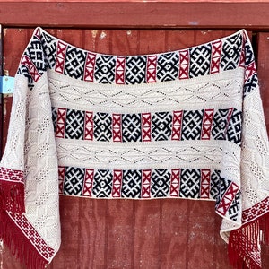 Aragon Wrap Knitting Pattern: DK Weight Colorwork Shawl (PDF Instant Download) Heirloom Steeked Fringe