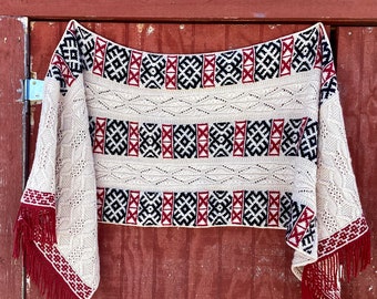 Aragon Wrap Knitting Pattern: DK Weight Colorwork Shawl (PDF Instant Download) Heirloom Steeked Fringe