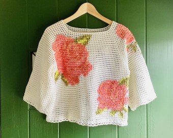 Summer Roses Cross Stitch Top Crochet Pattern: Beaded Floral Embroidery (PDF Download) Crochet Mesh