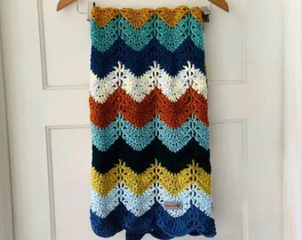 Crochet Crib Lap Size Afghan Chevron Wave Multicolor Boho Retro Baby 36”x40” Ready to Ship