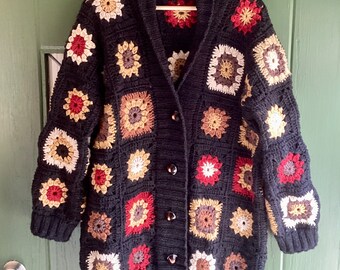 Granny Square Crochet Coatigan Pattern: Worsted Yarn (PDF Instant Download) Patchwork Crochet knitted ribbing